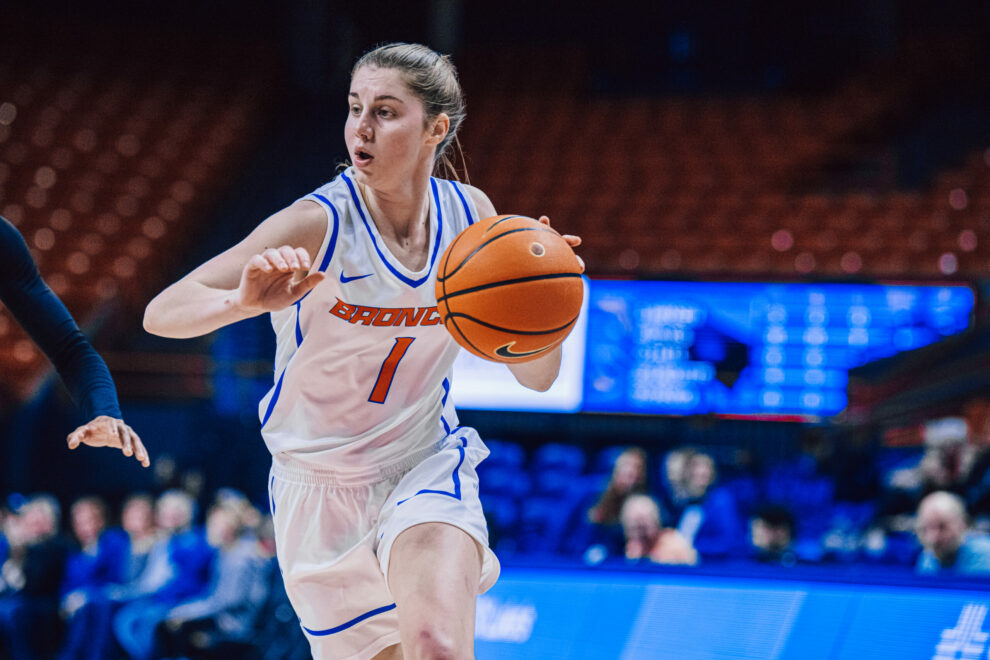 Guard Mya Hanson dribbles the ball during Sunday's loss to Colorado. (Photo by Boise State Athletics)